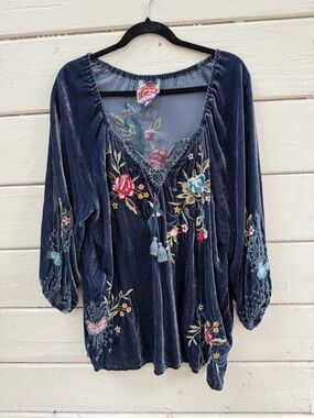Johnny Was Navy Velvet Embroidered Peasant Blouse